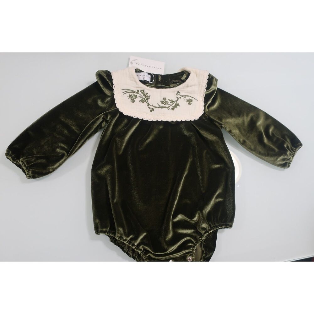 Ali Specials Green Velour Romper Cream Embroidered Bib Toddler Girls 3T NWT